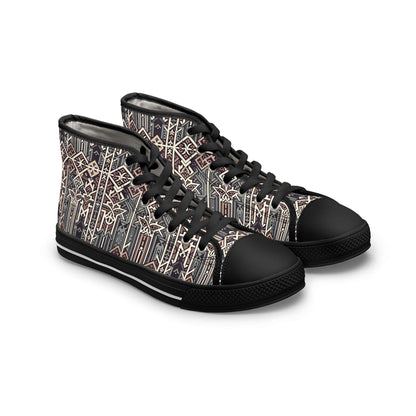 Gothic Glyphs Shadow Weaver Women's High-Top Canvas Sneakers showcase a unique glyph design for stylish comfort.