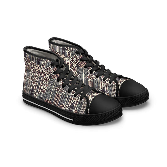 Gothic Glyphs Shadow Weaver Women's High-Top Canvas Sneakers showcase a unique glyph design for stylish comfort.