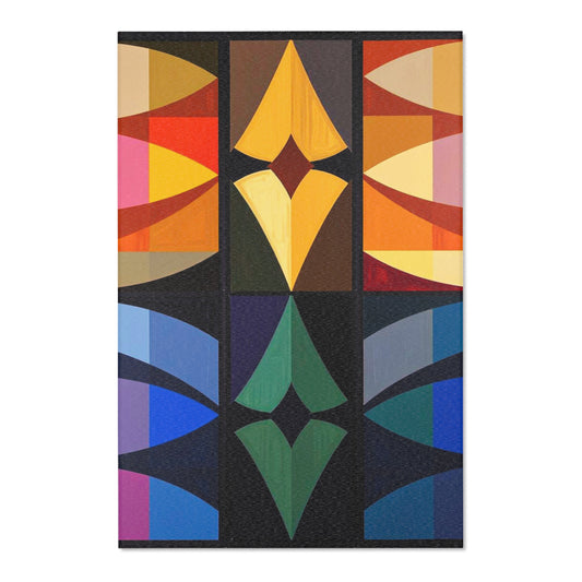 Bright geometric shapes in bold colors create a striking look in the Geometric Echoes: Abstract Art Area Rug.