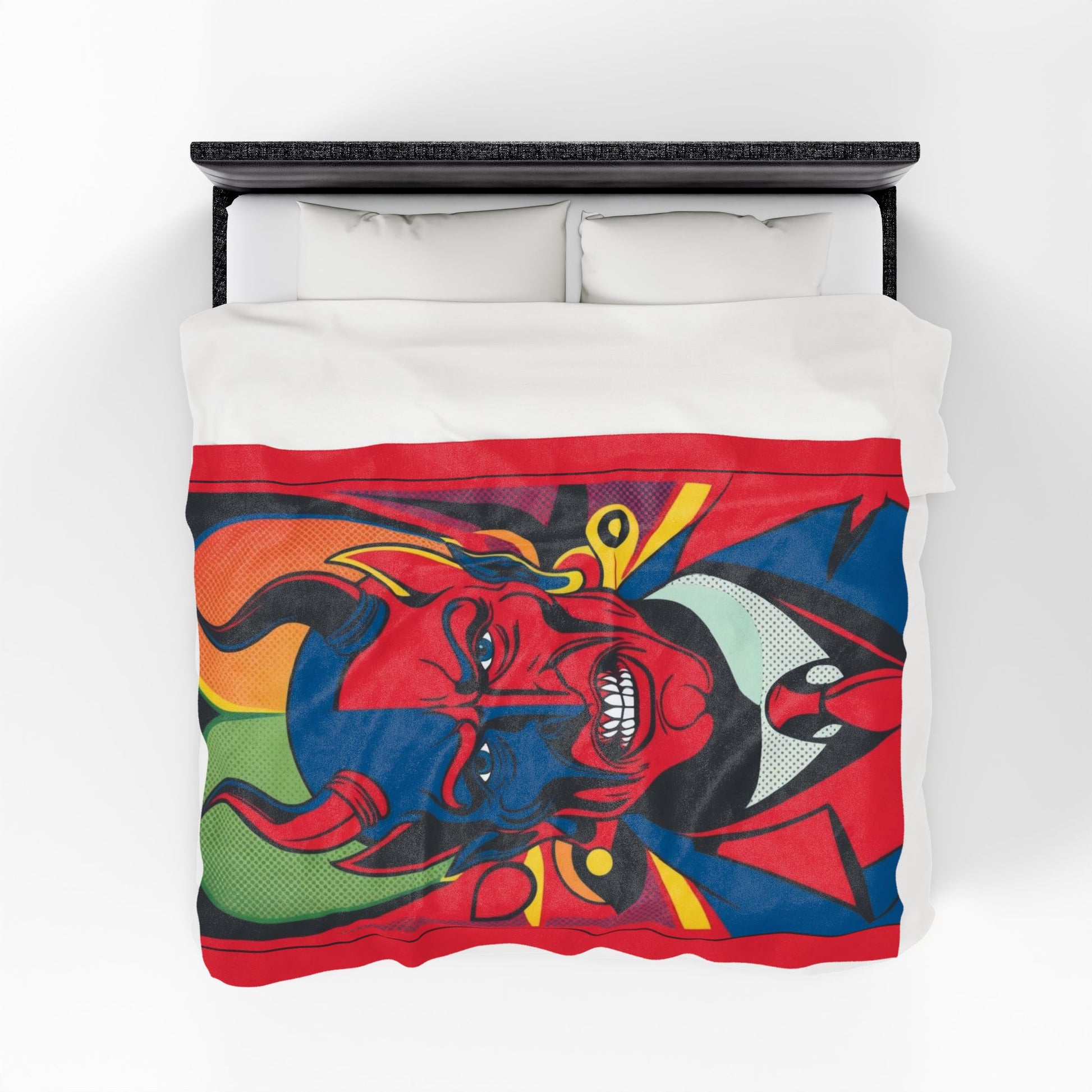 Experience bold artistry with the Infernal Grin: Devil's Advocate Velveteen Blanket, perfect for cozying up in style.