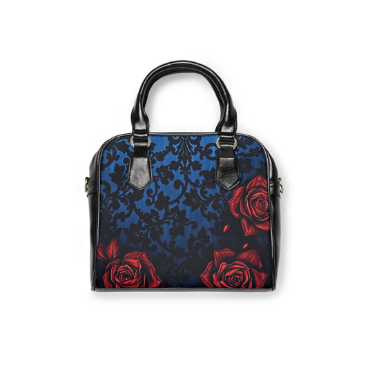 Stylish Copy of Sugar Candy Skull with Red Rose Shoulder Handbag, featuring gothic damask design and crimson roses.