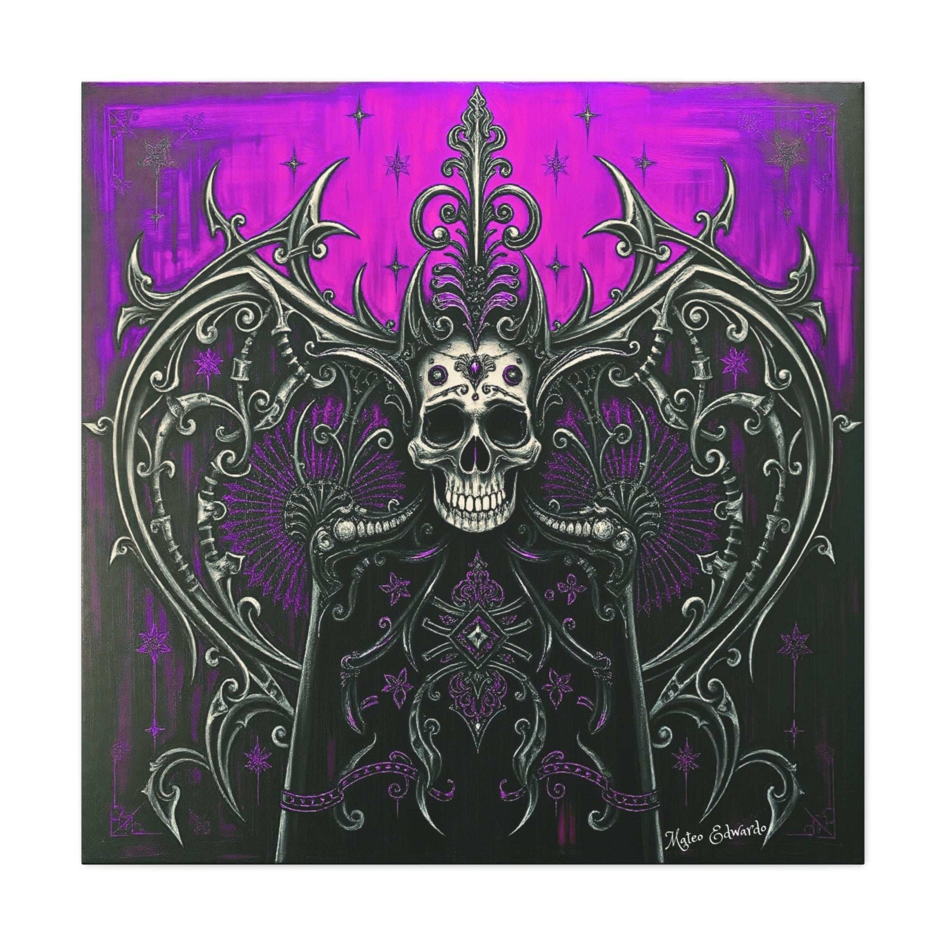 Crowned Skull Sovereign Modern Gothic Art features a regal skull with ornate filigree on a vibrant backdrop.