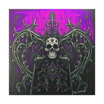Crowned Skull Sovereign Modern Gothic Art features a regal skull with ornate filigree on a vibrant backdrop.