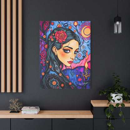Captivating "Dream Weaver: Floral Enchantress Canvas Art" graces a modern wall, blending vibrant colors and artistic flair.