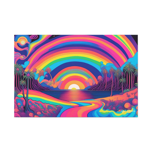 Vibrant landscape featuring the Rainbow Vista Psychedelic Gothic Canvas Art, showcasing a radiant rainbow and sunset.
