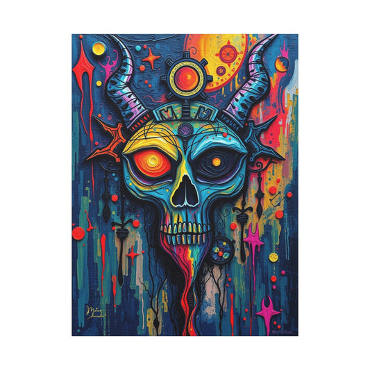 Vibrant Prismatic Demon Skull Canvas Art Print showcases a colorful, modern gothic skull design, perfect for bold decor.