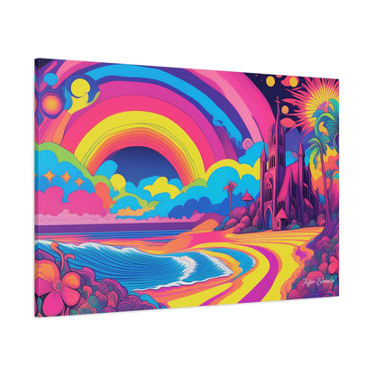 Vibrant beach scene with gothic cathedral in the Cathedral Coast Psychedelic Gotic Canvas Art, perfect for decor.