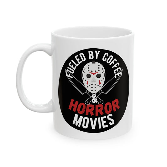 Gothic coffee mug design featuring "Fueled By Coffee & Horror Movies" for dark coffee lovers. Perfect for your collection.
