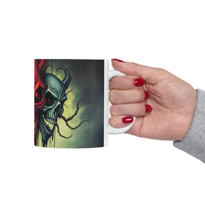 Unleash your style with the Infernal Trinity Skull Ceramic Mug, featuring striking red and grey skull designs.