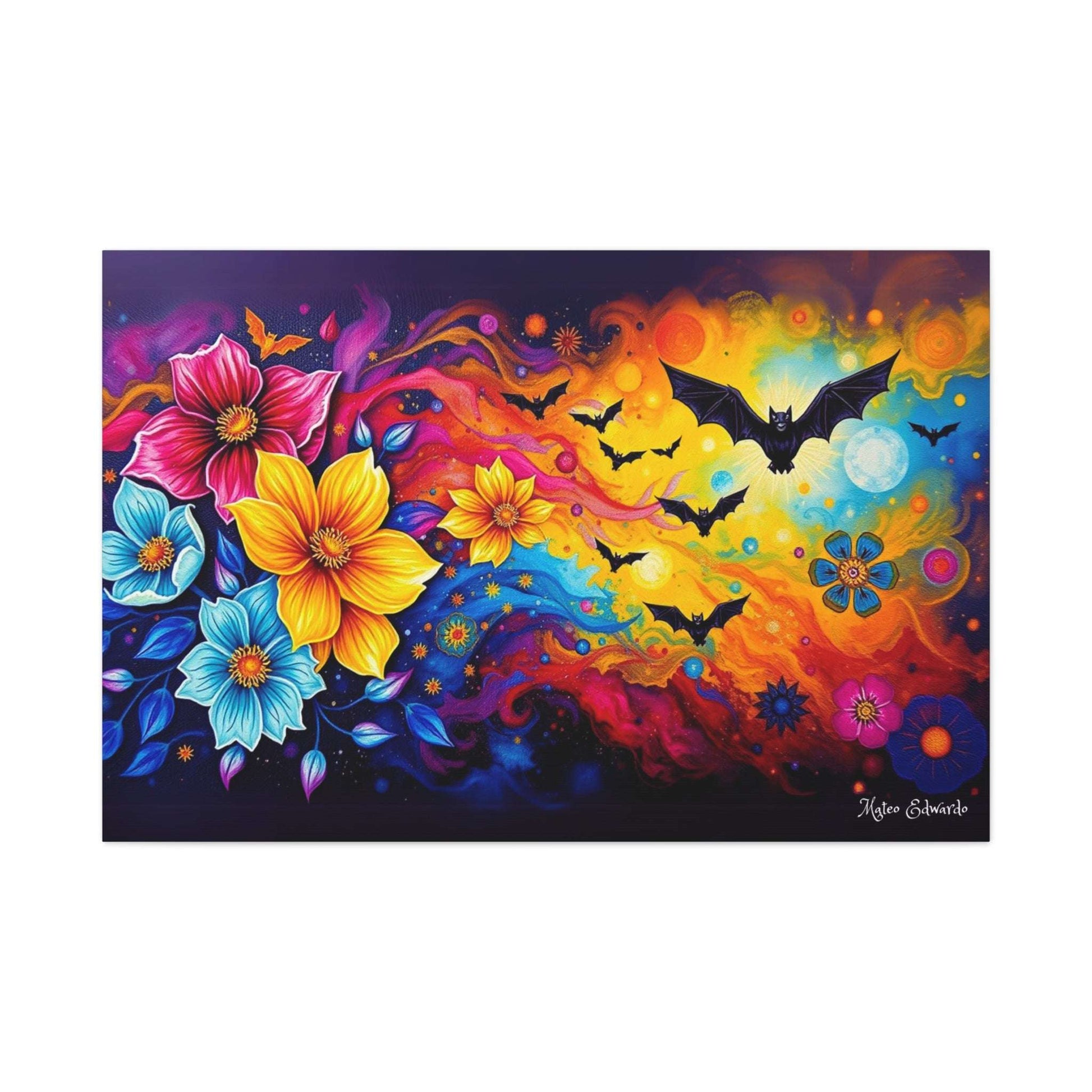 Vibrant Spectral Flight & Floral Cascade Canvas Art showcases bats amidst dynamic colors and floral patterns.