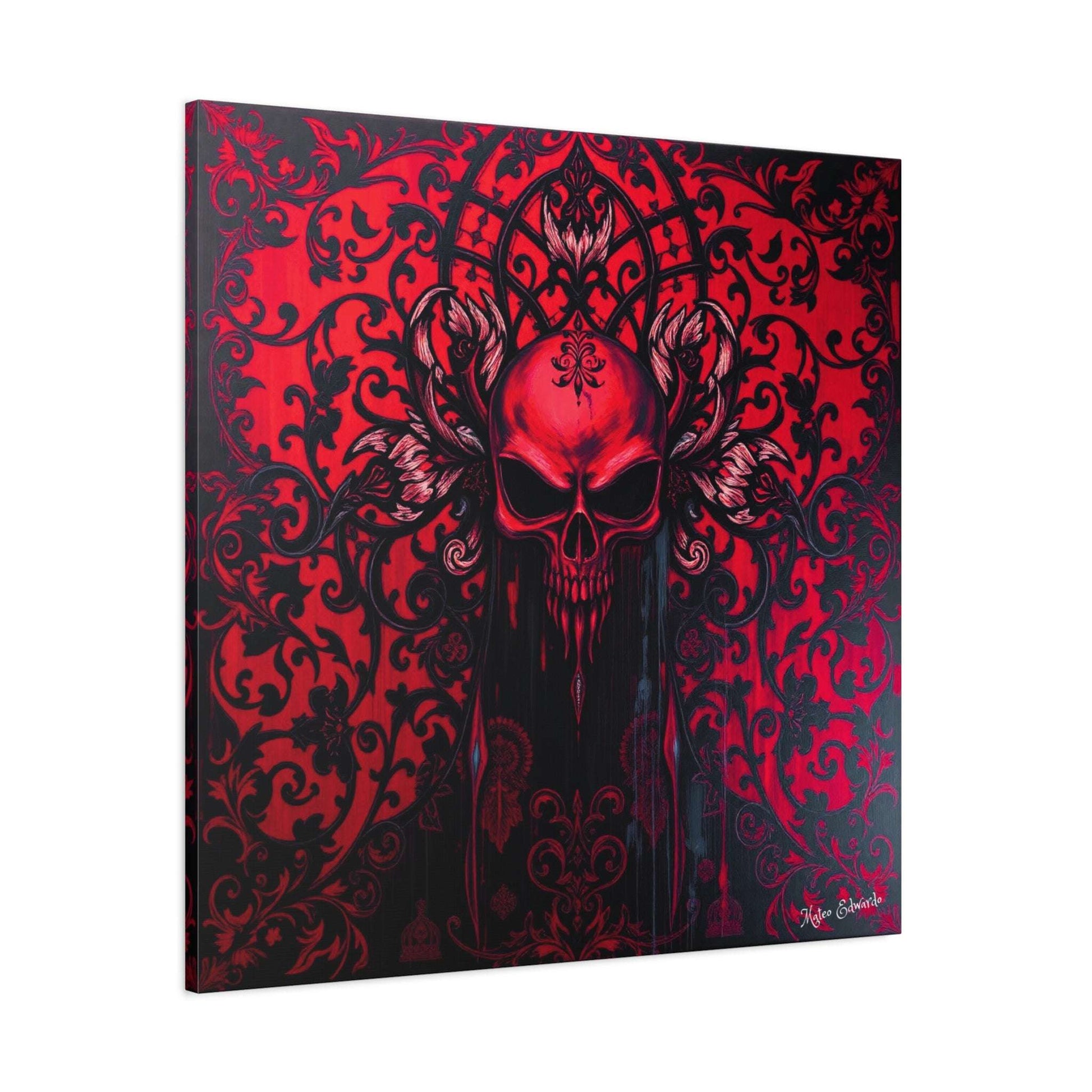 Striking Scarlet Skull artwork with intricate onyx filigree, perfect for modern gothic decor.