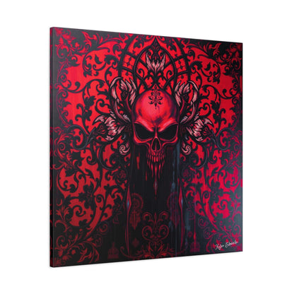 Striking Scarlet Skull artwork with intricate onyx filigree, perfect for modern gothic decor.