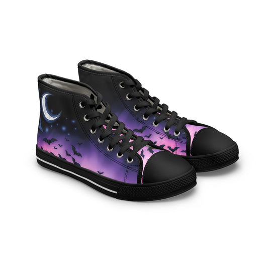 Moonlit Bats Women's High-Top Sneakers showcase a gothic design with a crescent moon and whimsical bats. Perfect for spooky style!