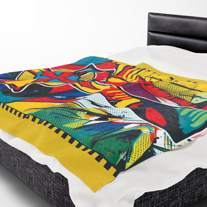 Vibrant Iconoclast's Cross: Abstract Symbol Velveteen Blanket draped over a bed, showcasing bold colors and design.