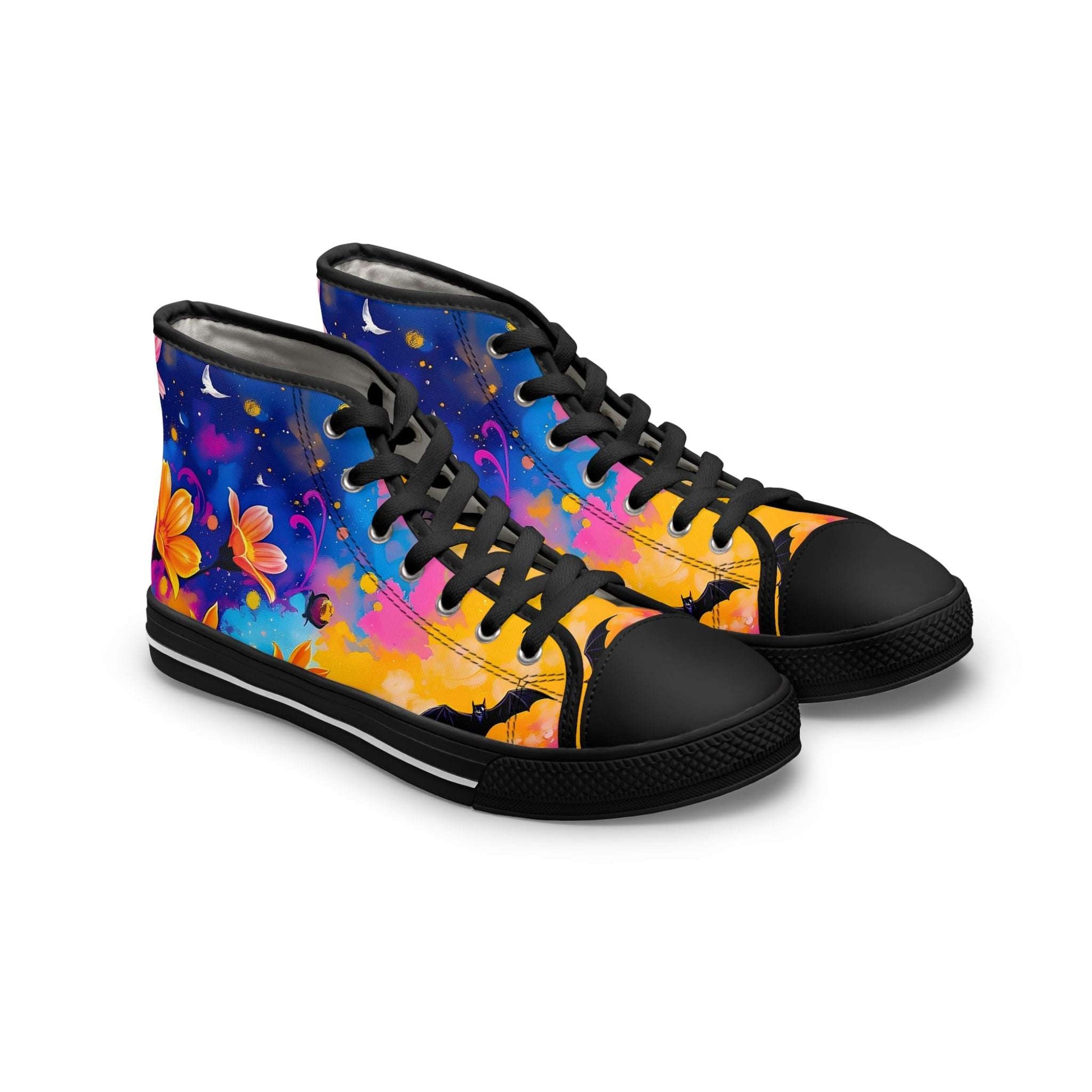 Midnight Floral & Bats high top sneakers showcase a vibrant floral design, blending Gothic art with modern style.