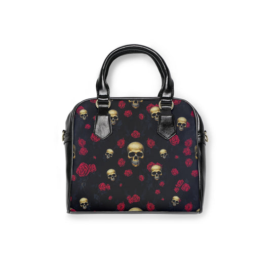 Skulls & Roses Gothic Art Shoulder Handbag with intricate skulls and vibrant roses for dark elegance.