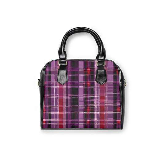 Stylish Shadow Plaid: Violet Grid Shoulder Bag featuring a rich plaid pattern in violet, crimson, and deep shadows.