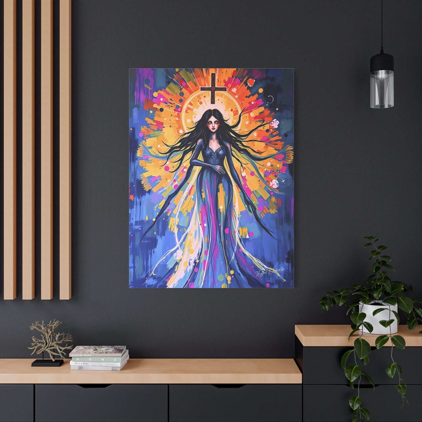 Elevate your decor with the Celestial Descent: Symbolic Icon Gothic Canvas Art, featuring a dynamic central figure.
