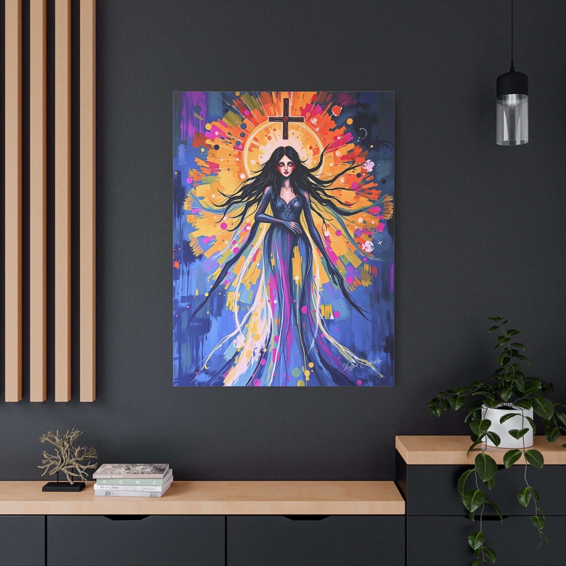 Elevate your decor with the Celestial Descent: Symbolic Icon Gothic Canvas Art, featuring a dynamic central figure.