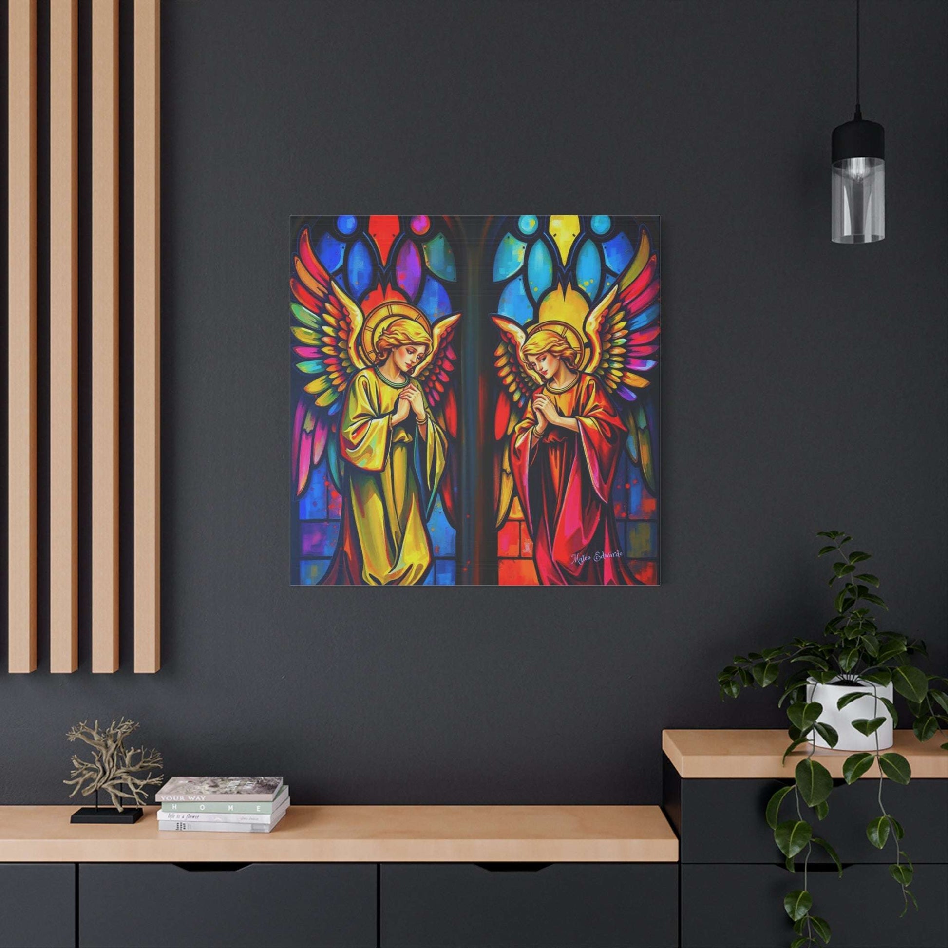 Vibrant Dual Angelic Reverence Stained Glass Gothic Art showcasing two angelic figures in serene reverence, perfect for decor.