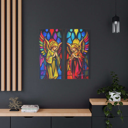 Vibrant Dual Angelic Reverence Stained Glass Gothic Art showcasing two angelic figures in serene reverence, perfect for decor.