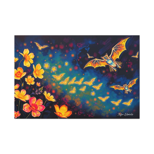 Illuminate your space with the Emberwing Bat Constellation Canvas Art, featuring glowing bats and vibrant flowers.