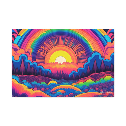 Vibrant sunset landscape with rainbow hues, featuring Rainbow Radiance Pschyedelic Gothic Canvas Art for striking decor.