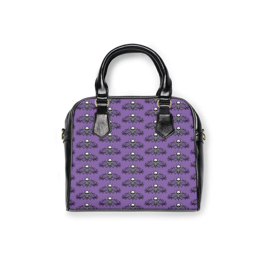 Amethyst Crypt: Spectral Pattern Shoulder Bag showcases gothic elegance with deep amethyst tones and crypt-like patterns.