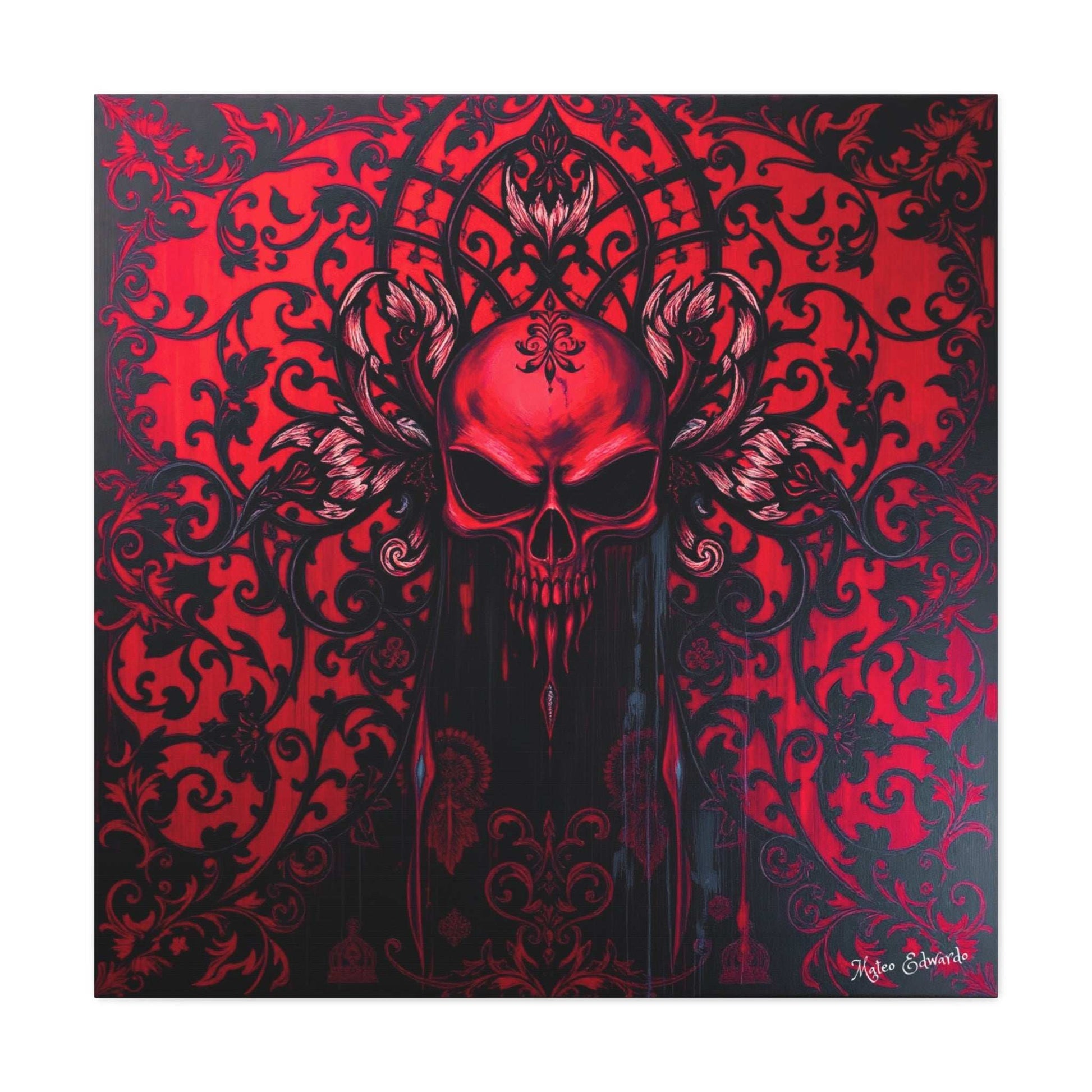 Striking Scarlet Skull art against intricate onyx filigree, perfect for modern gothic decor.
