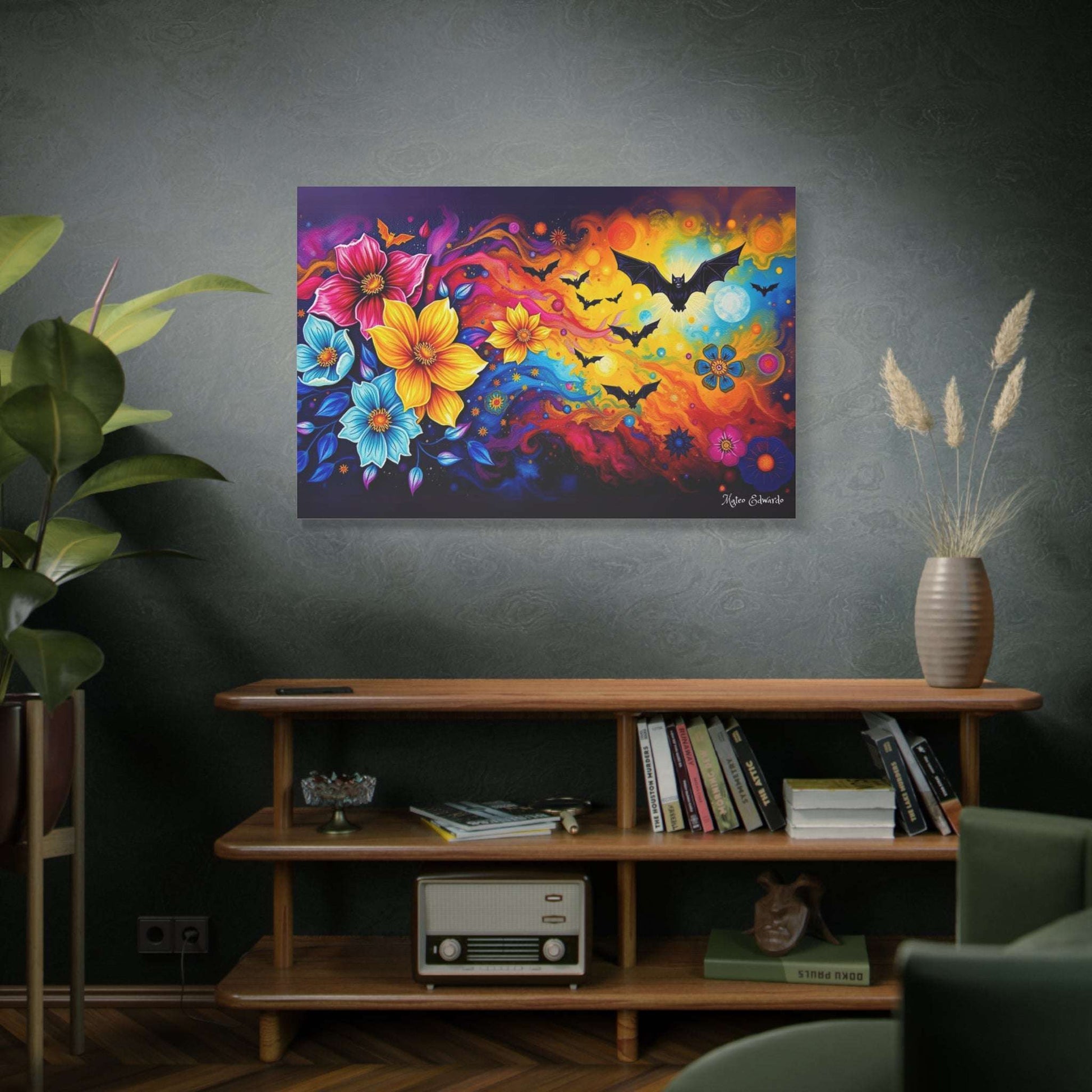 Vibrant Spectral Flight canvas art featuring bats and floral designs, perfect for transforming your space.