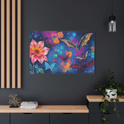 Vibrant Bat Flight & Floral Fantasy Canvas Art showcasing gothic bats and whimsical florals on a striking background.