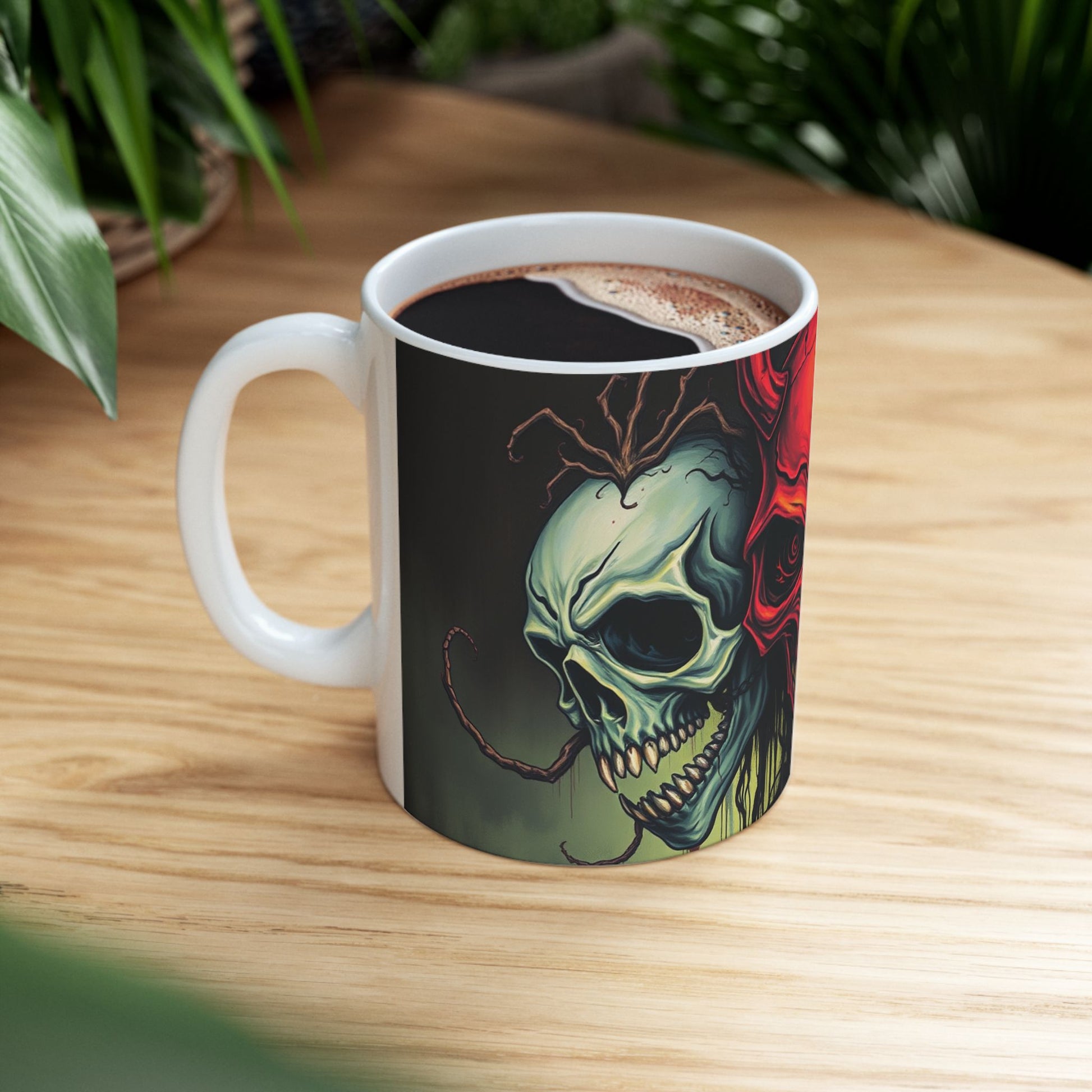 Elevate your coffee experience with the Infernal Trinity Skull Ceramic Mug, featuring striking skull artwork.