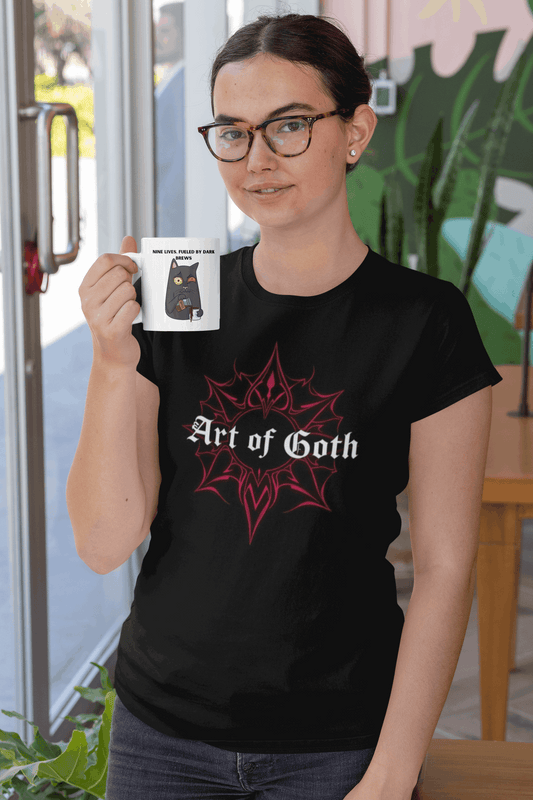 Enjoy your morning coffee with the Nine Lives, Fueled By Dark Brews Gothic Coffee Mug, blending humor and style.