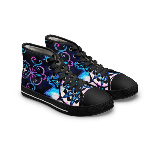 Celestial Scroll: Gothic Art High Top Sneakers showcase intricate scrollwork and vibrant colors for gothic art lovers.