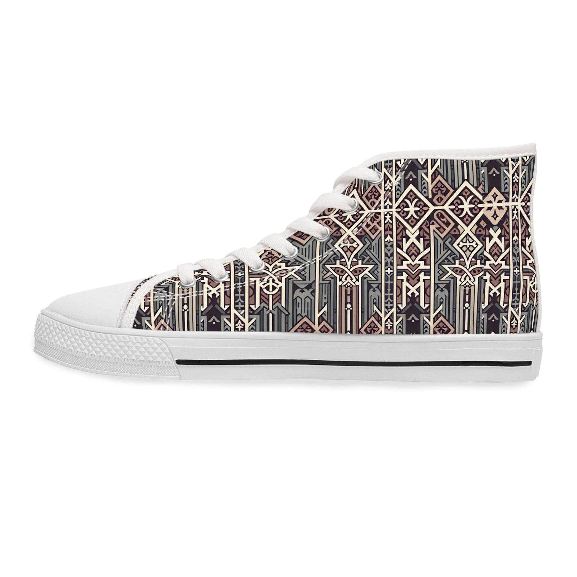 Gothic Glyphs Shadow Weaver Women's High-Top Canvas Sneakers showcase intricate gothic designs for a stylish look.