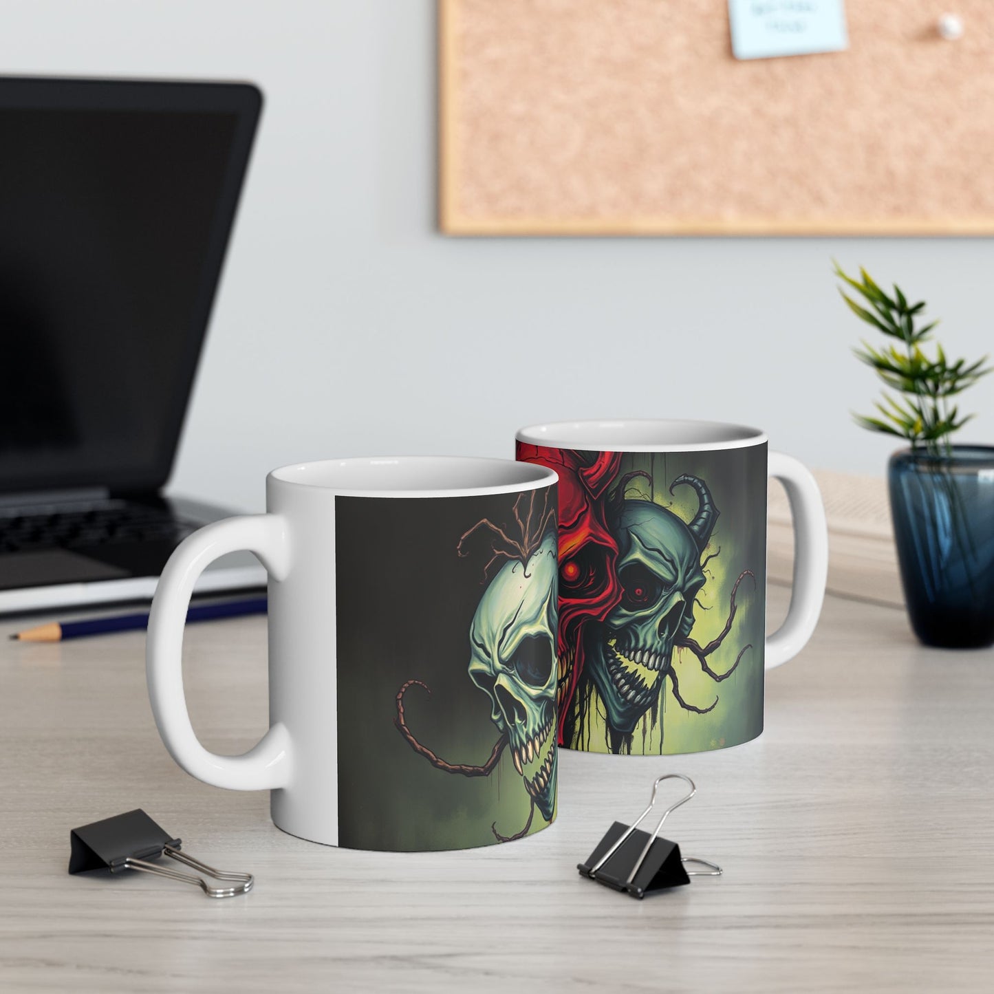 Infernal Trinity Skull Ceramic Mug features striking skull designs in red and grey, perfect for macabre art lovers.