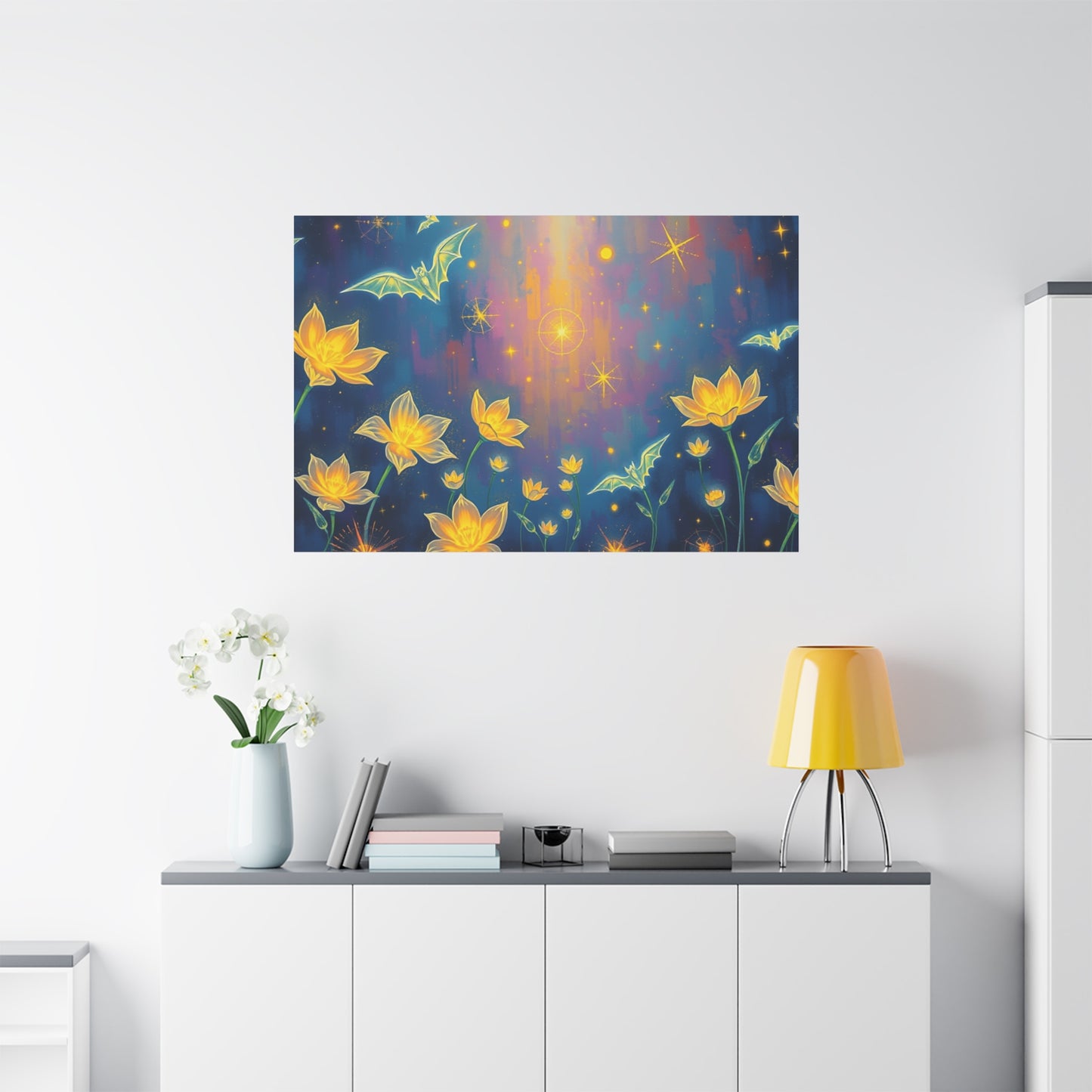 Transform your space with Nocturnal Garden Stretched Canvas Art, featuring luminous flowers and ethereal bats.