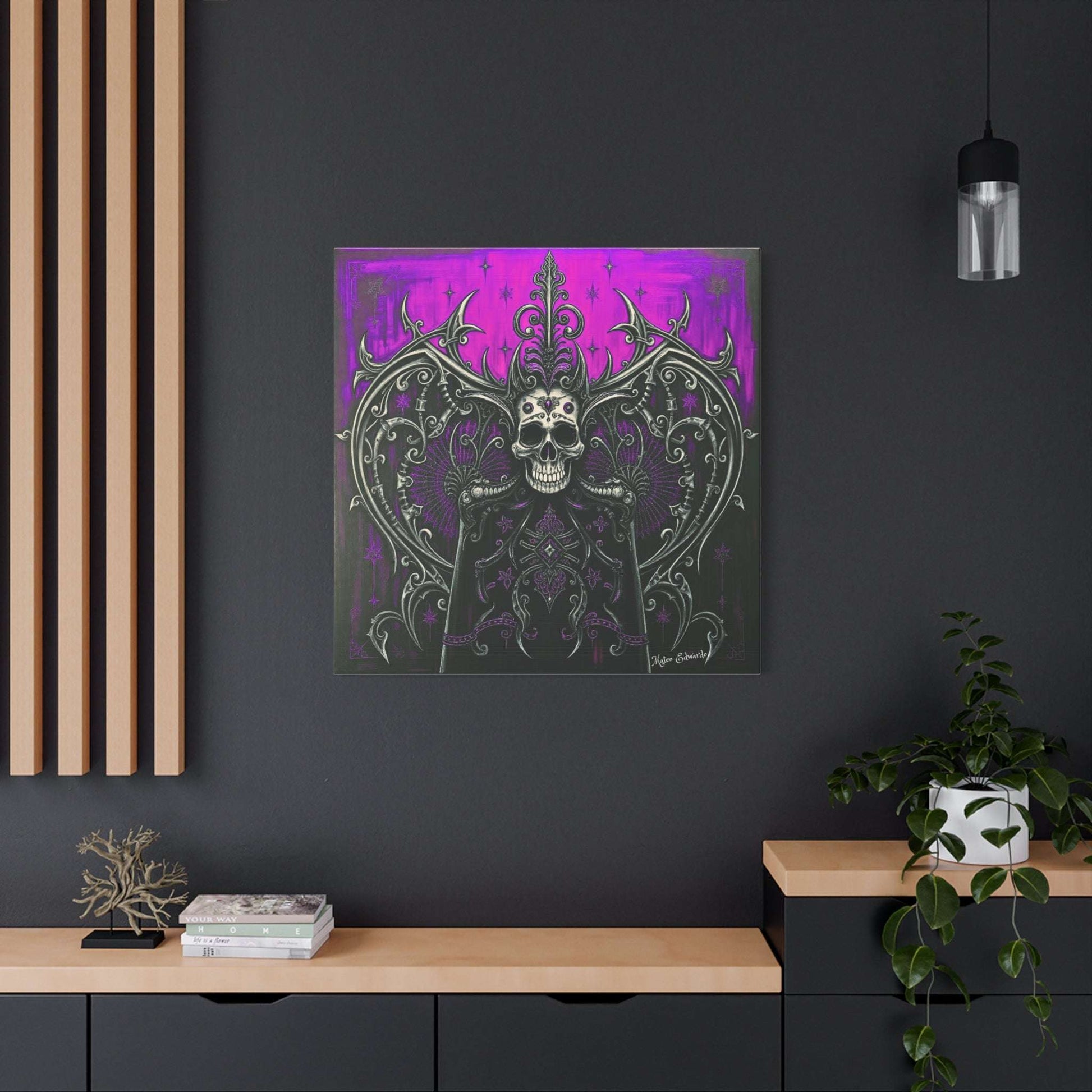 Crowned Skull Sovereign Modern Gothic Art features a striking skull with a crown against a bold crimson backdrop.