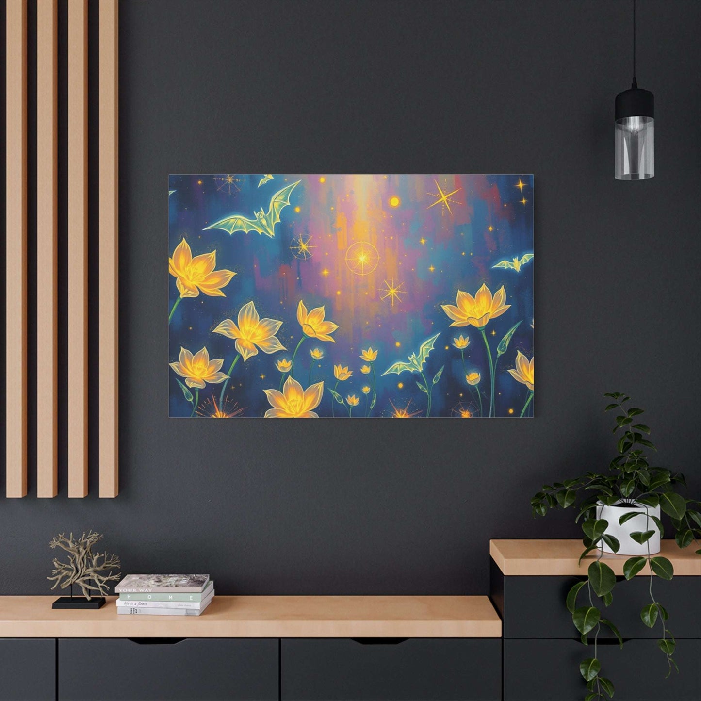 Nocturnal Garden Stretched Canvas Art features glowing flowers and bats, creating a magical nighttime ambiance.