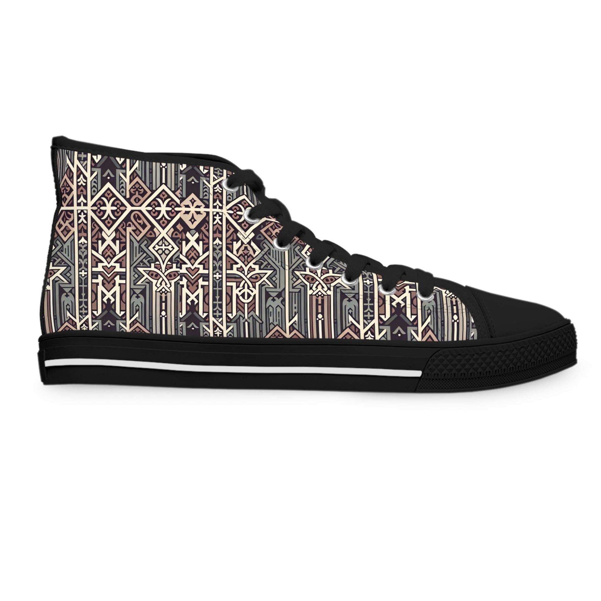 Gothic Glyphs Shadow Weaver Women's High-Top Canvas Sneakers showcase intricate gothic designs for a unique style.