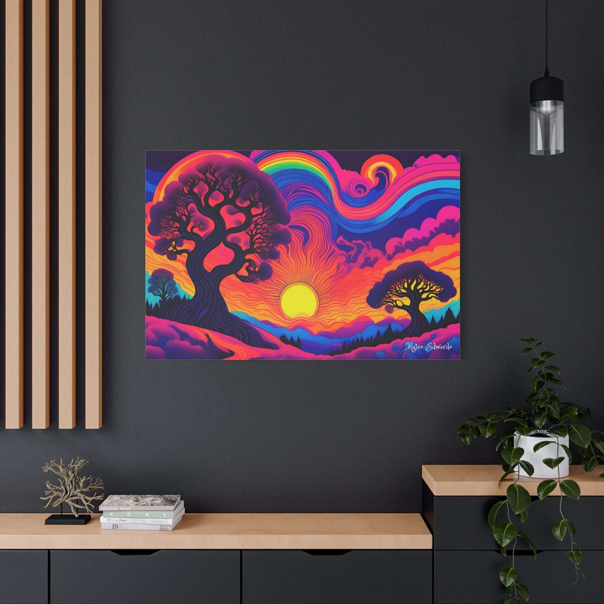 Twilight Trees Psychedelic Gothic Canvas Art features vibrant silhouettes of trees against a surreal sunset backdrop.