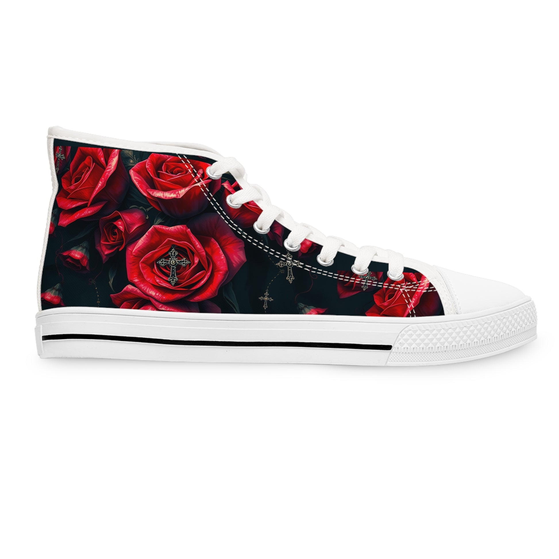 Dark Romance Blooms: Red Roses Gothic High Top Sneakers showcase vibrant roses against a dark backdrop for a striking look.