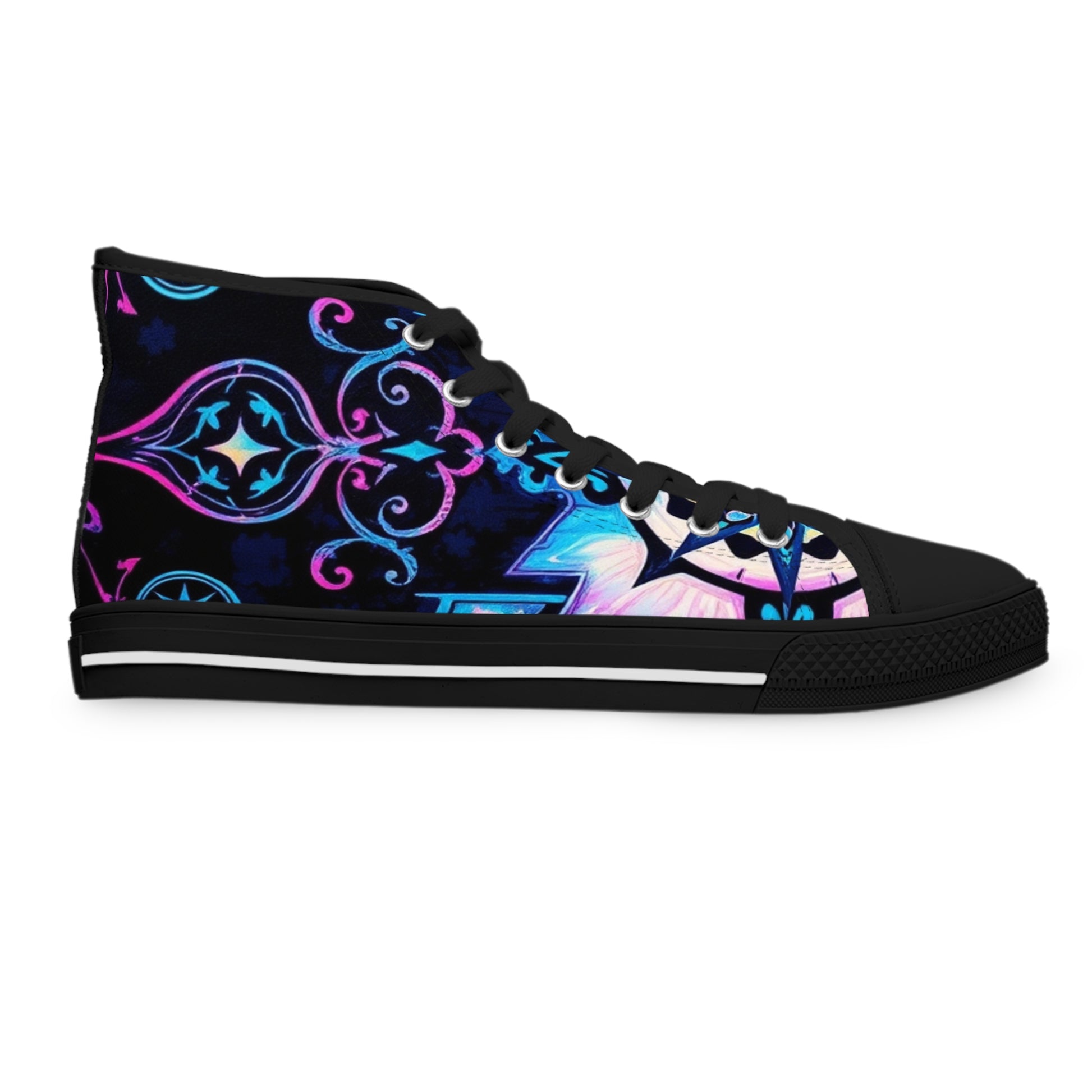 Celestial Scroll: Gothic Art High Top Sneakers showcase intricate gothic designs in vibrant colors for unique style.