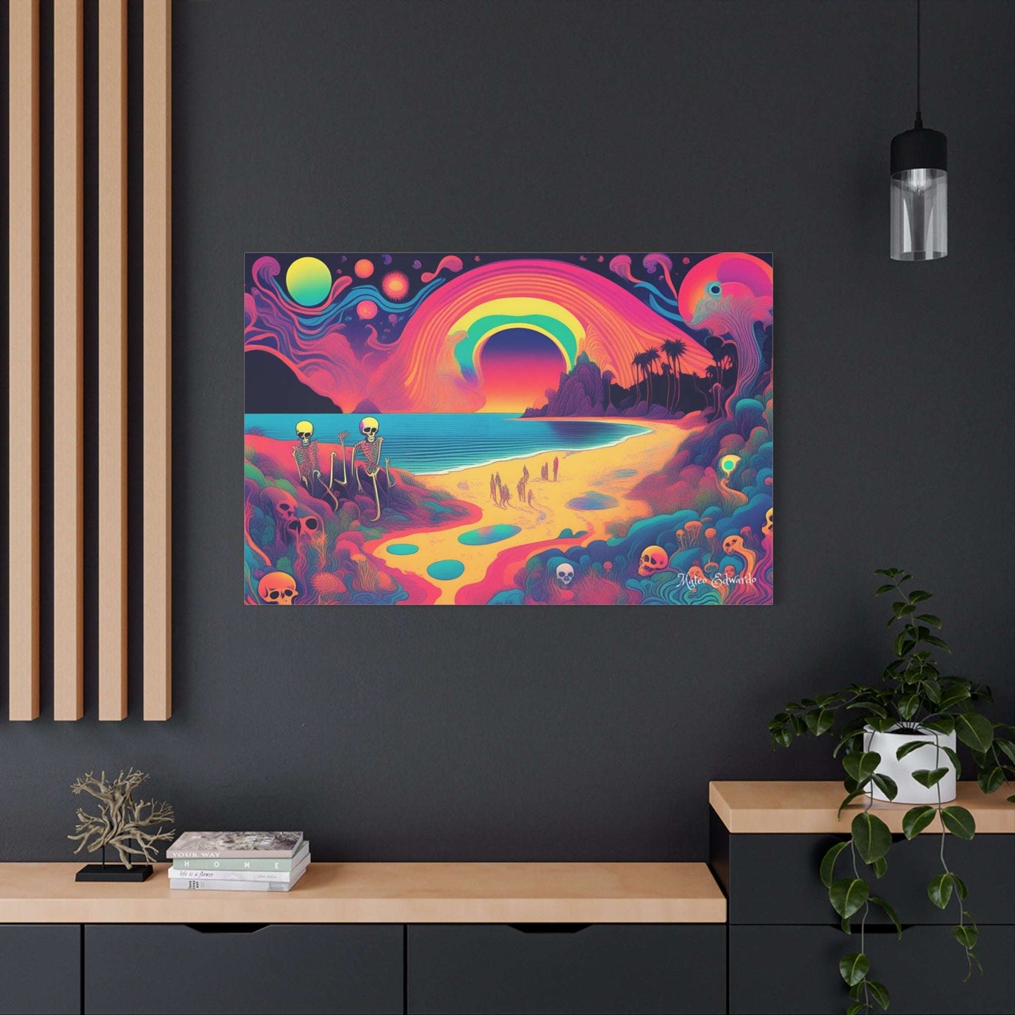 Vibrant Beach of Souls Pschydelic Gothic Canvas Art featuring skeletal figures on an otherworldly beach scene.