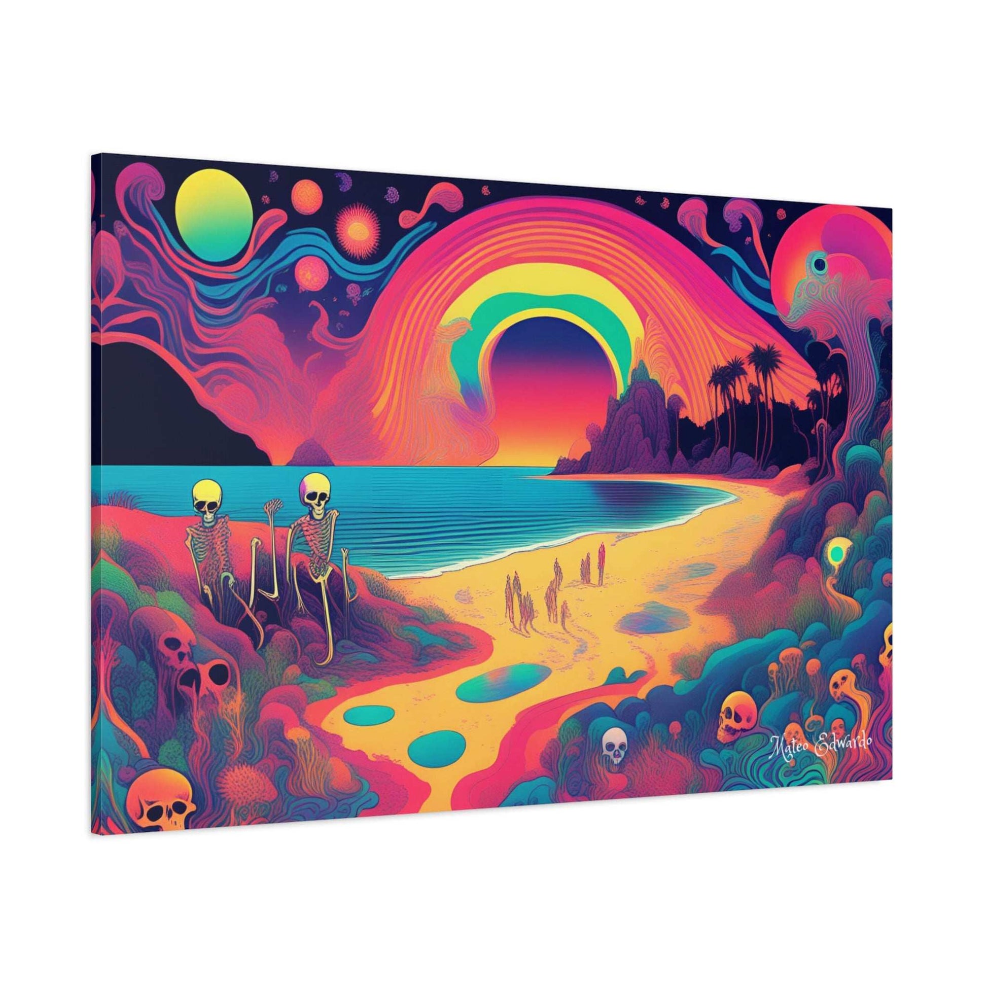 Vibrant Beach of Souls Pschydelic Gothic Canvas Art featuring skeletal figures in a surreal beach scene. Ideal for decor.