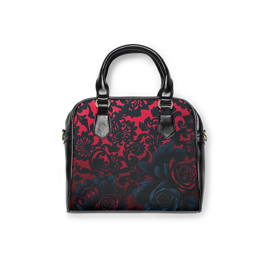 Midnight Bloom Damask Shoulder Handbag features deep red and blue roses on a striking damask design, perfect for Gothic style lovers.