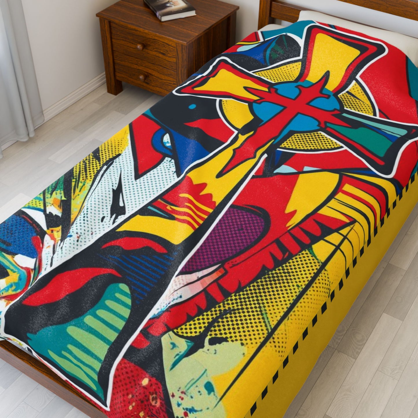 Bold and vibrant, the Iconoclast's Cross: Abstract Symbol Velveteen Blanket showcases striking abstract art for any space.
