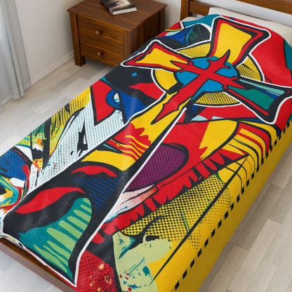 Bold and vibrant, the Iconoclast's Cross: Abstract Symbol Velveteen Blanket showcases striking abstract art for any space.