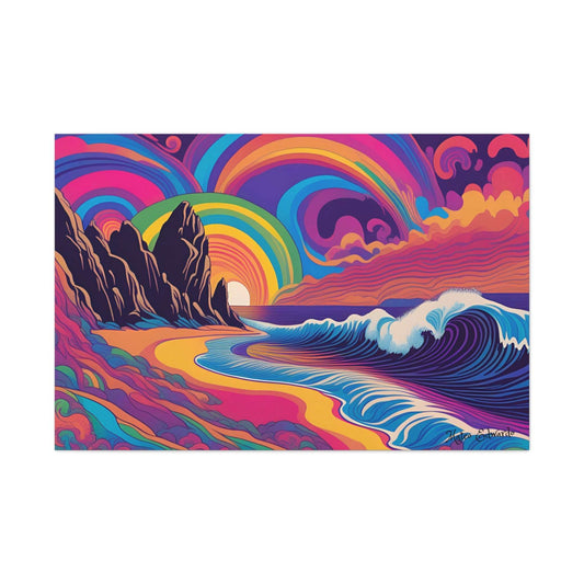 Vibrant Shoreline Spectrum Psychedelic Gothic Canvas Art showcases a surreal beach landscape with dramatic colors.