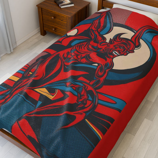 Cozy up with The Trickster: Surreal Devil Velveteen Blanket, showcasing a vibrant devilish design in striking crimson hues.